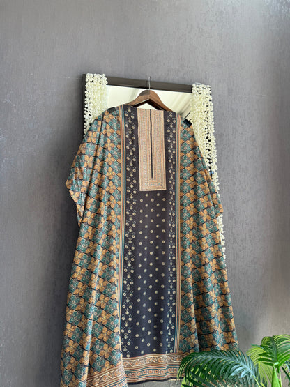 Pure crepe ajrakh aari work suit