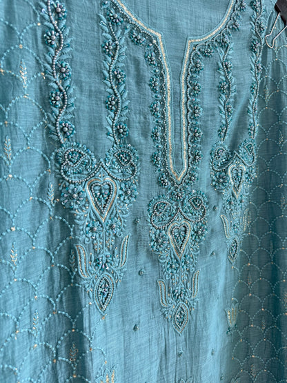 Luxurious Mul chanderi lucknowi tulip and hearts suit