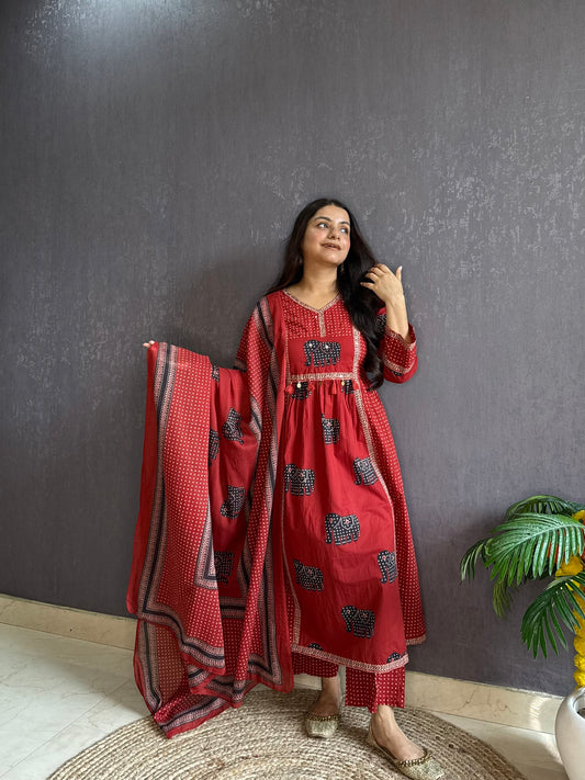 Ajrakh elephants handwork A line suit set