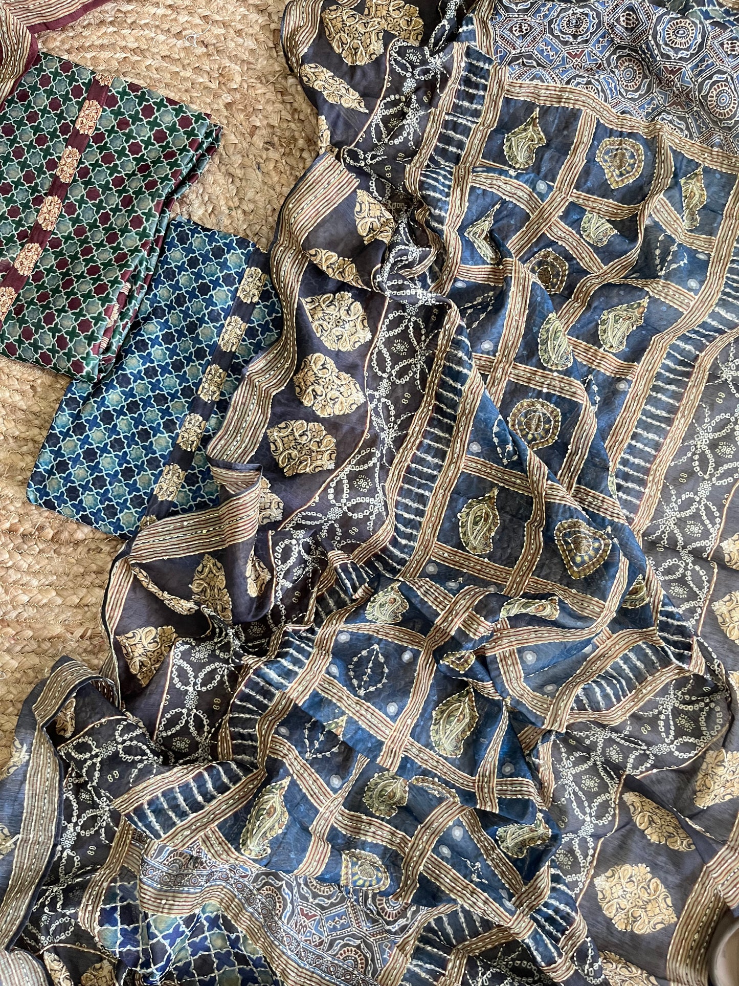 Maheshwari Kantha work Ajrakh Unstitched suit