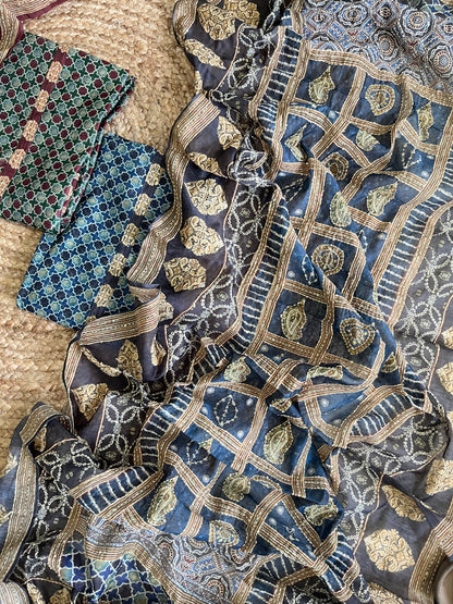 Maheshwari Kantha work Ajrakh Unstitched suit