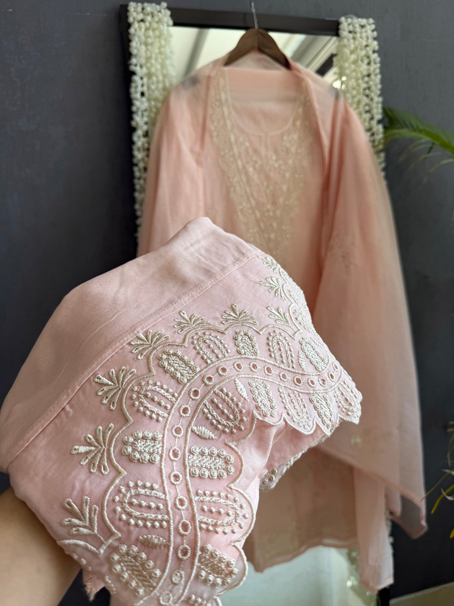 Luxurious Mul chanderi threadwork schiffili suit