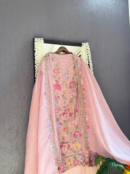 Luxurious organza appliqué work floral suit