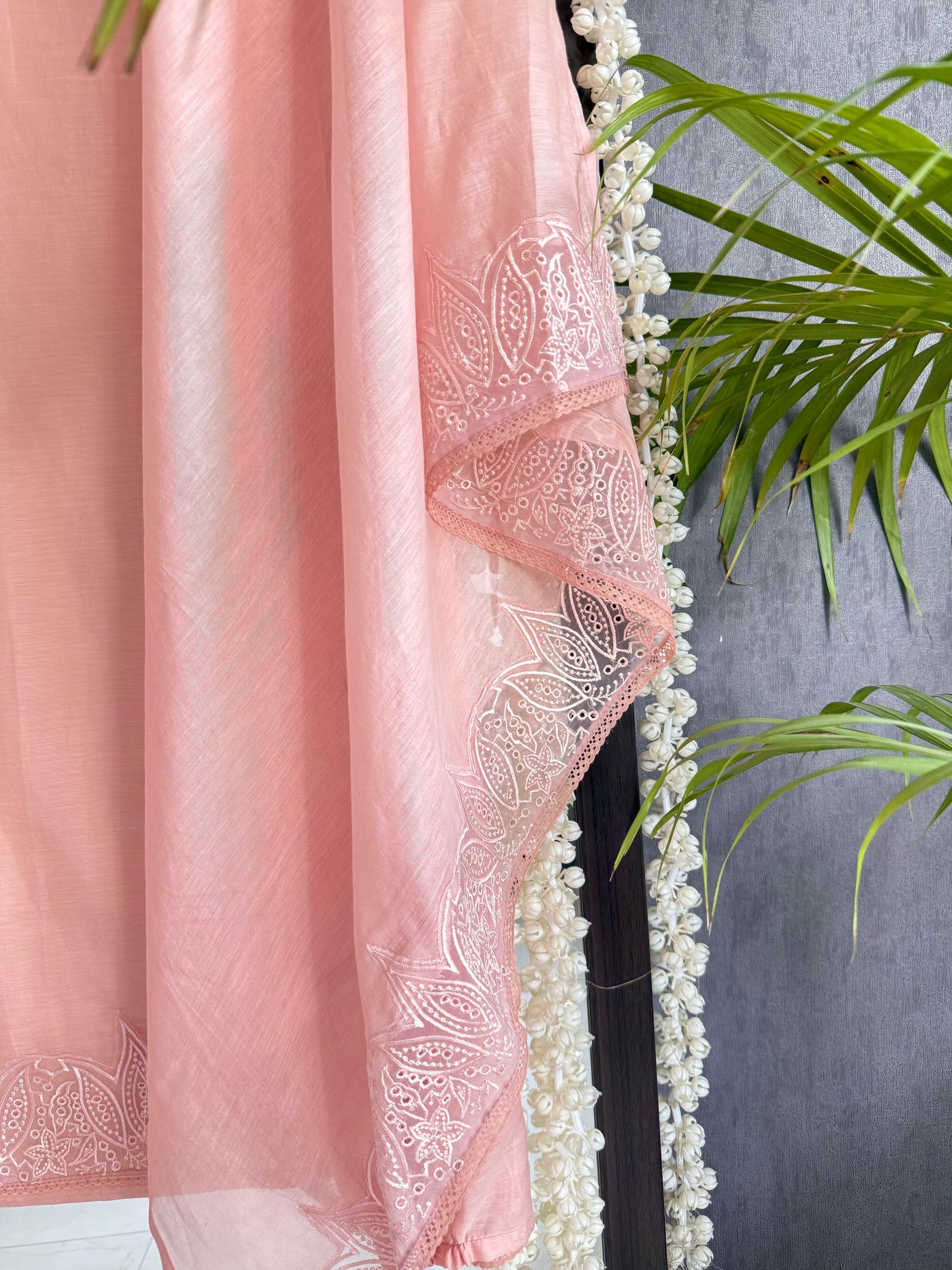 Luxurious Mul chanderi threadwork floral schiffili suit