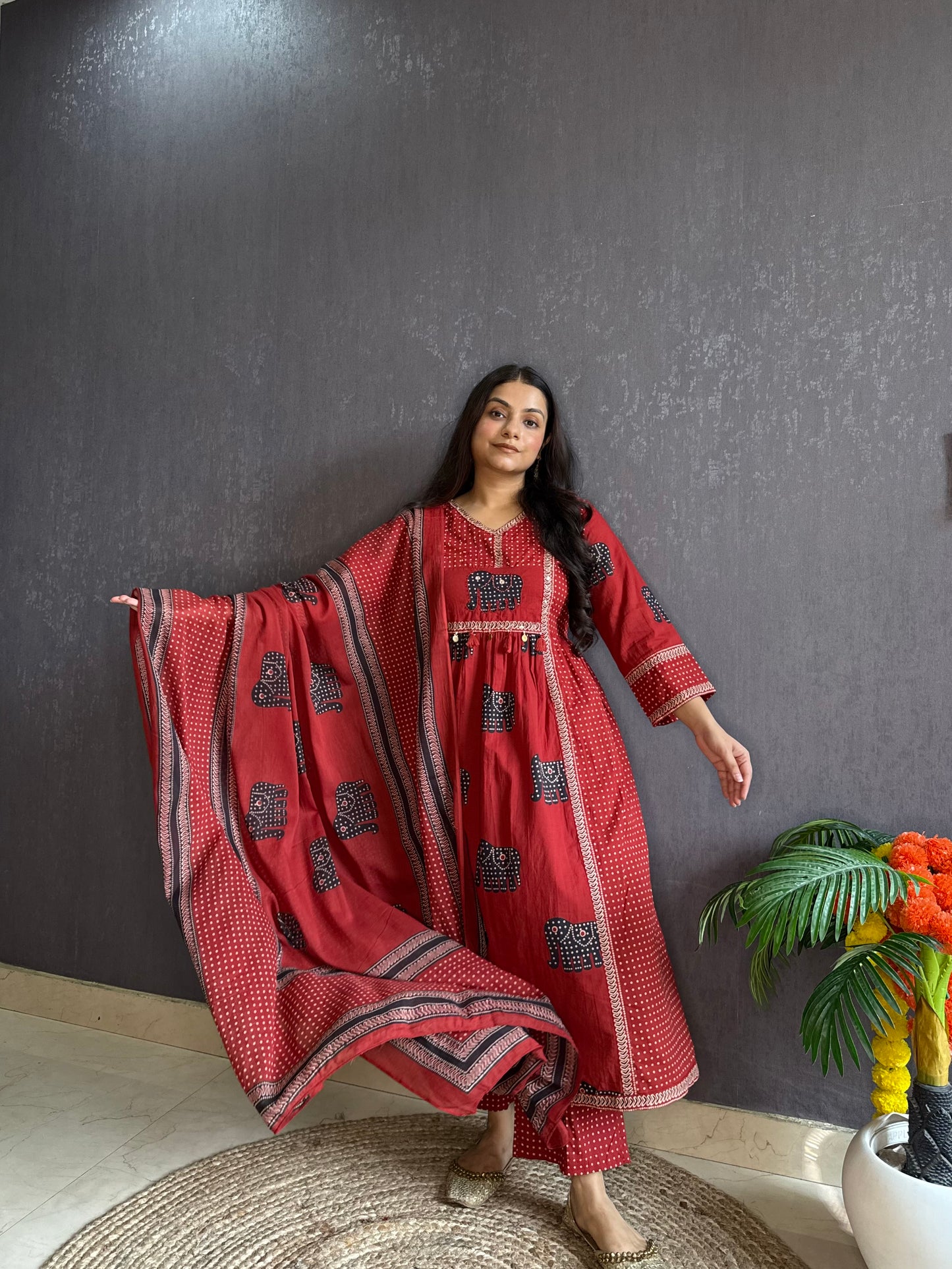 Ajrakh elephants handwork A line suit set