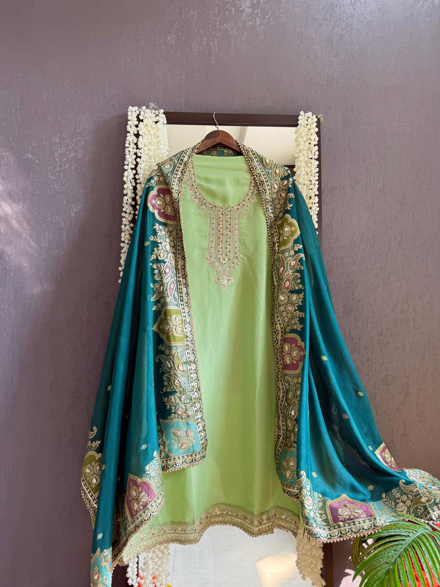 Tissue zari Aari work Meenakari suit