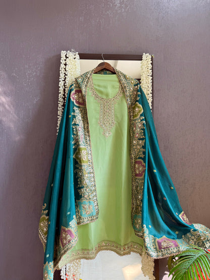 Tissue zari Aari work Meenakari suit