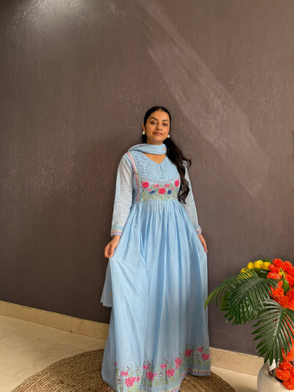 Mal cotton roses embroidered french knot Anarkali