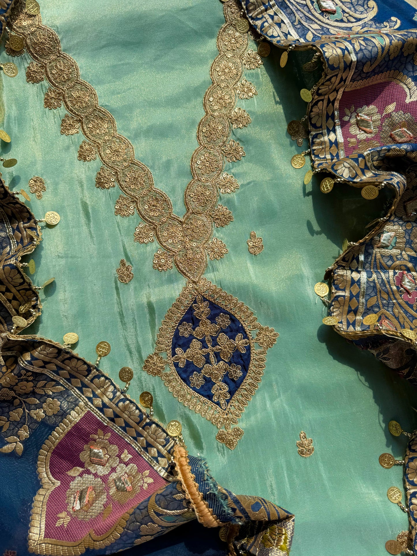 Tissue silk Aari work Meenakari suit
