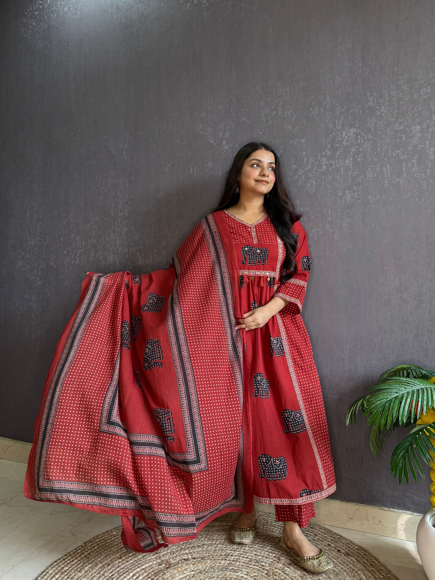 Ajrakh elephants handwork A line suit set