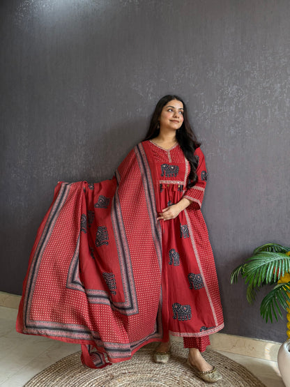 Ajrakh elephants handwork A line suit set