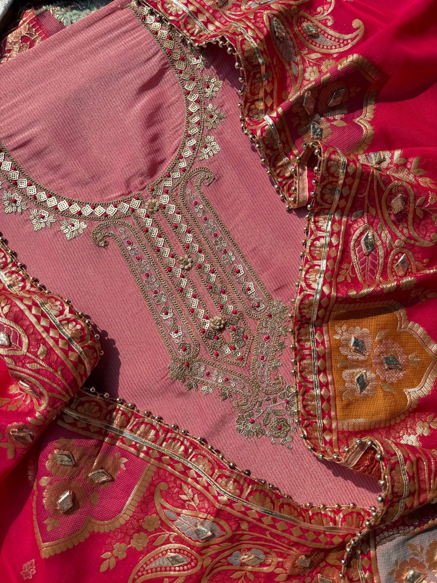Tissue zari Aari work Meenakari suit