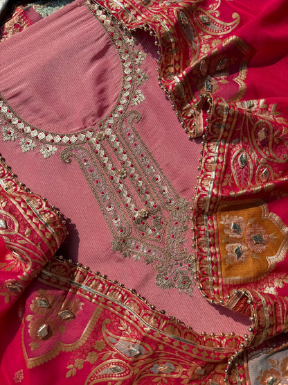 Tissue zari Aari work Meenakari suit