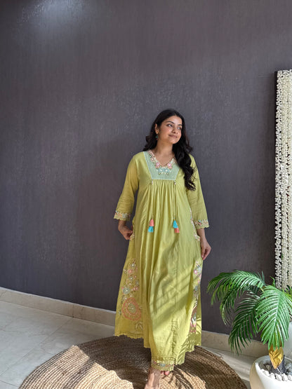 Premium mul cotton embroidered handwork Aline suit