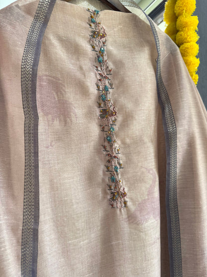 Pure linen birds frenchknot kantha work suit