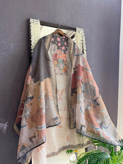 Linen jamdani pichwai suit