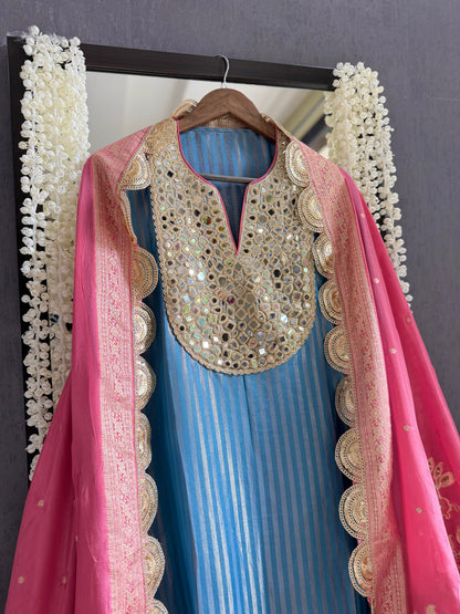 Premium Mirror work tissue benarsi suit