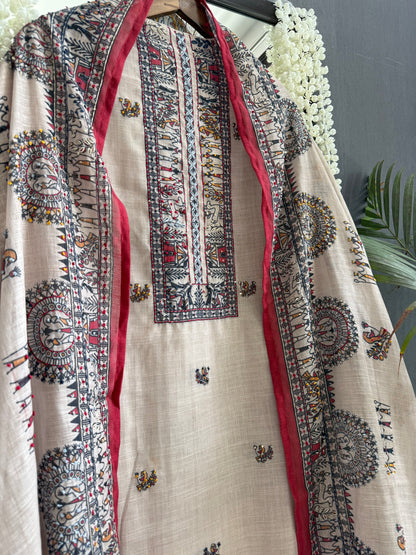 Linen worli art  Kantha work suit