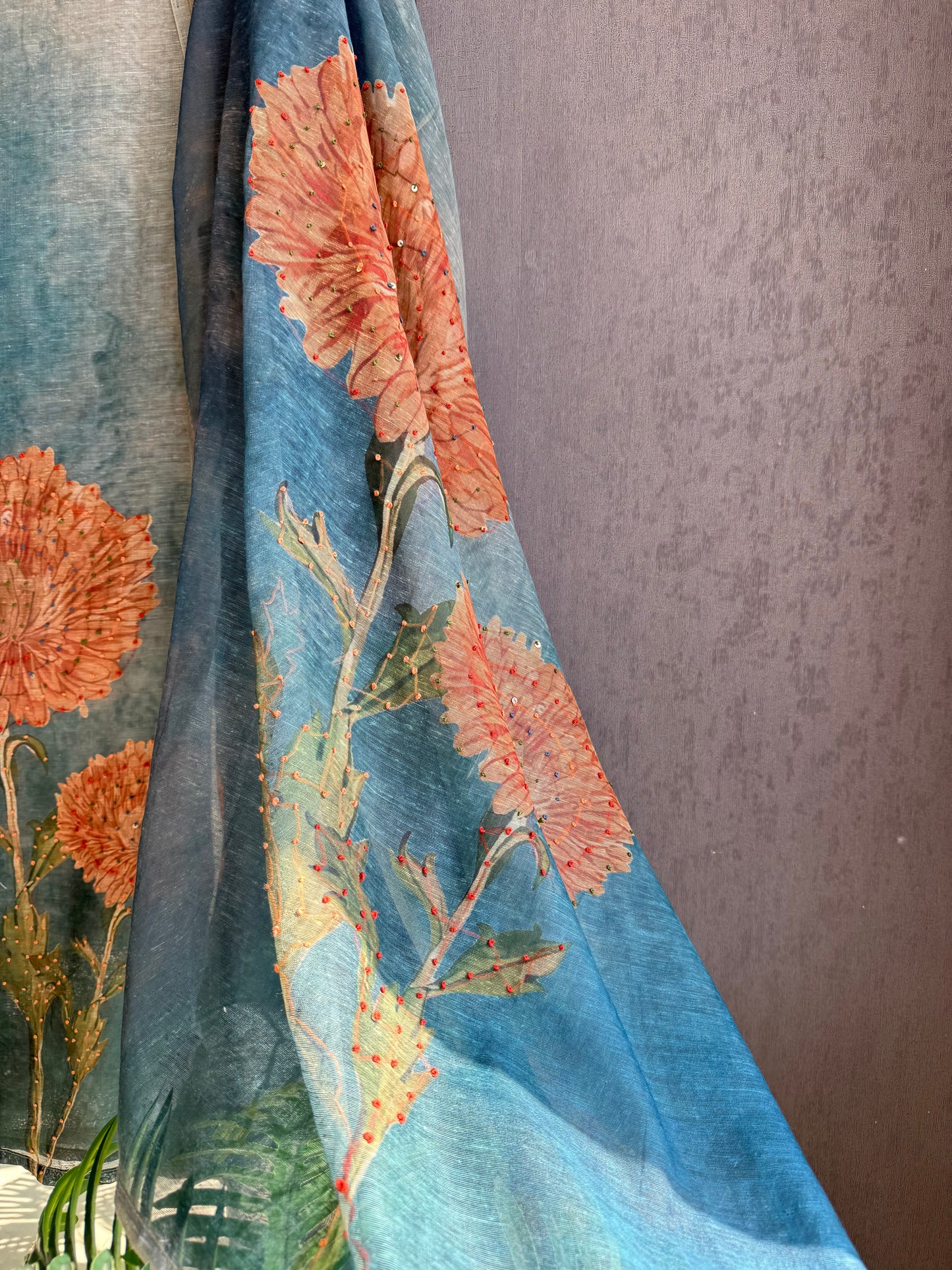 Pure linen marigold kantha work suit