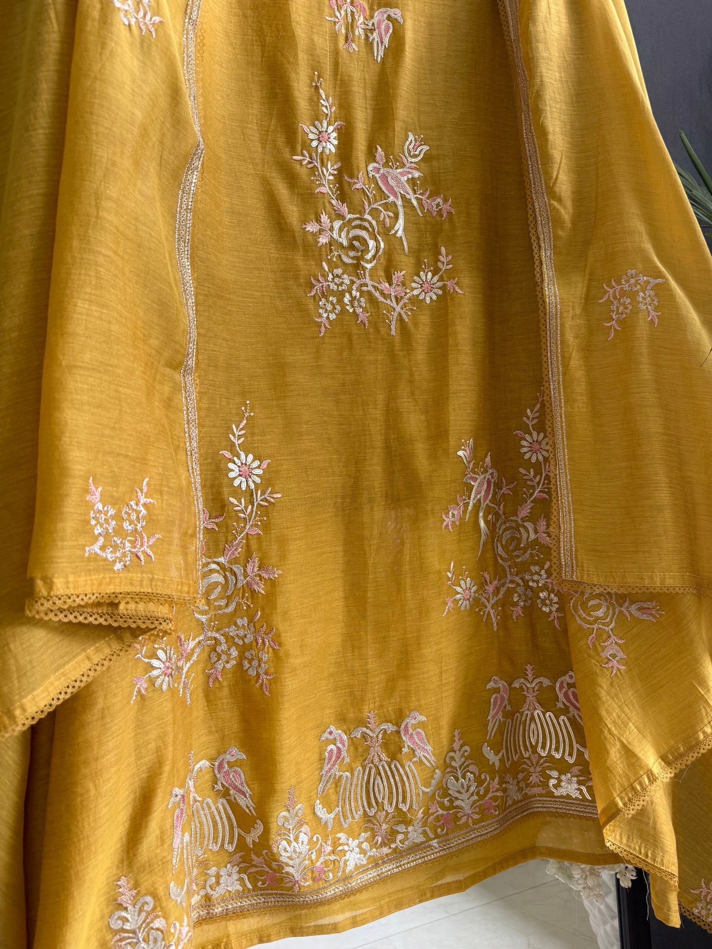 Luxurious Mul chanderi gota appliqué birds roses suit