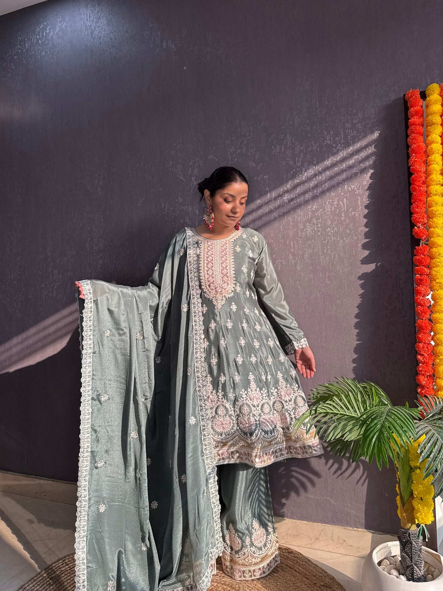 Chinon embroidered Anarkali Sharara suit