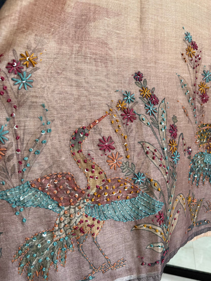 Pure linen birds frenchknot kantha work suit
