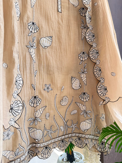 Luxurious Mul chanderi aqua shells suit