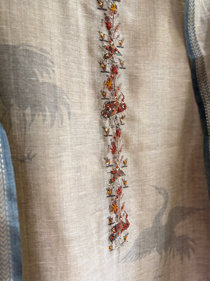 Pure linen birds frenchknot kantha work suit