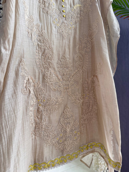 Luxurious Mul chanderi appliqué work suit