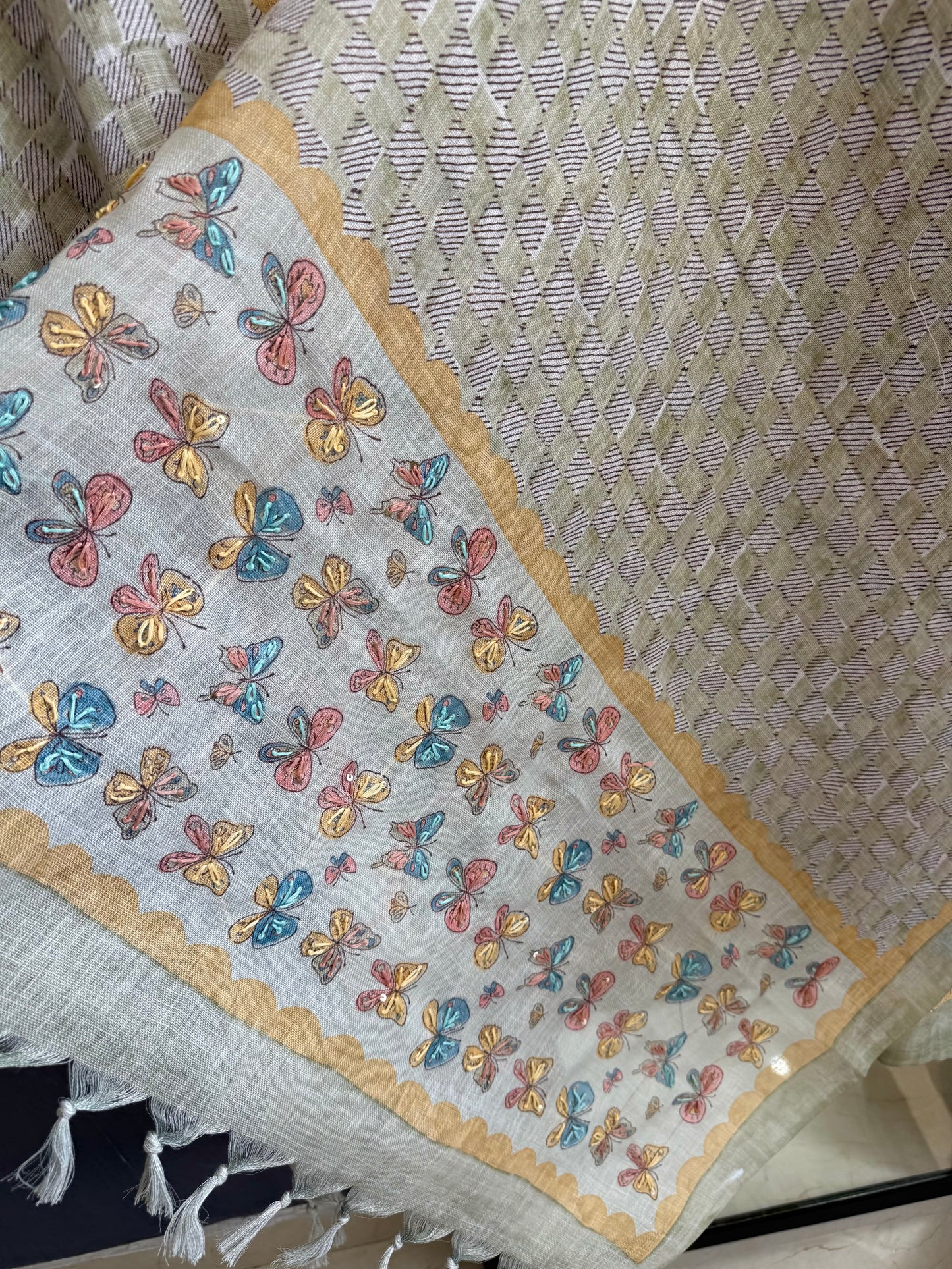 Linen butterflies kantha work suit