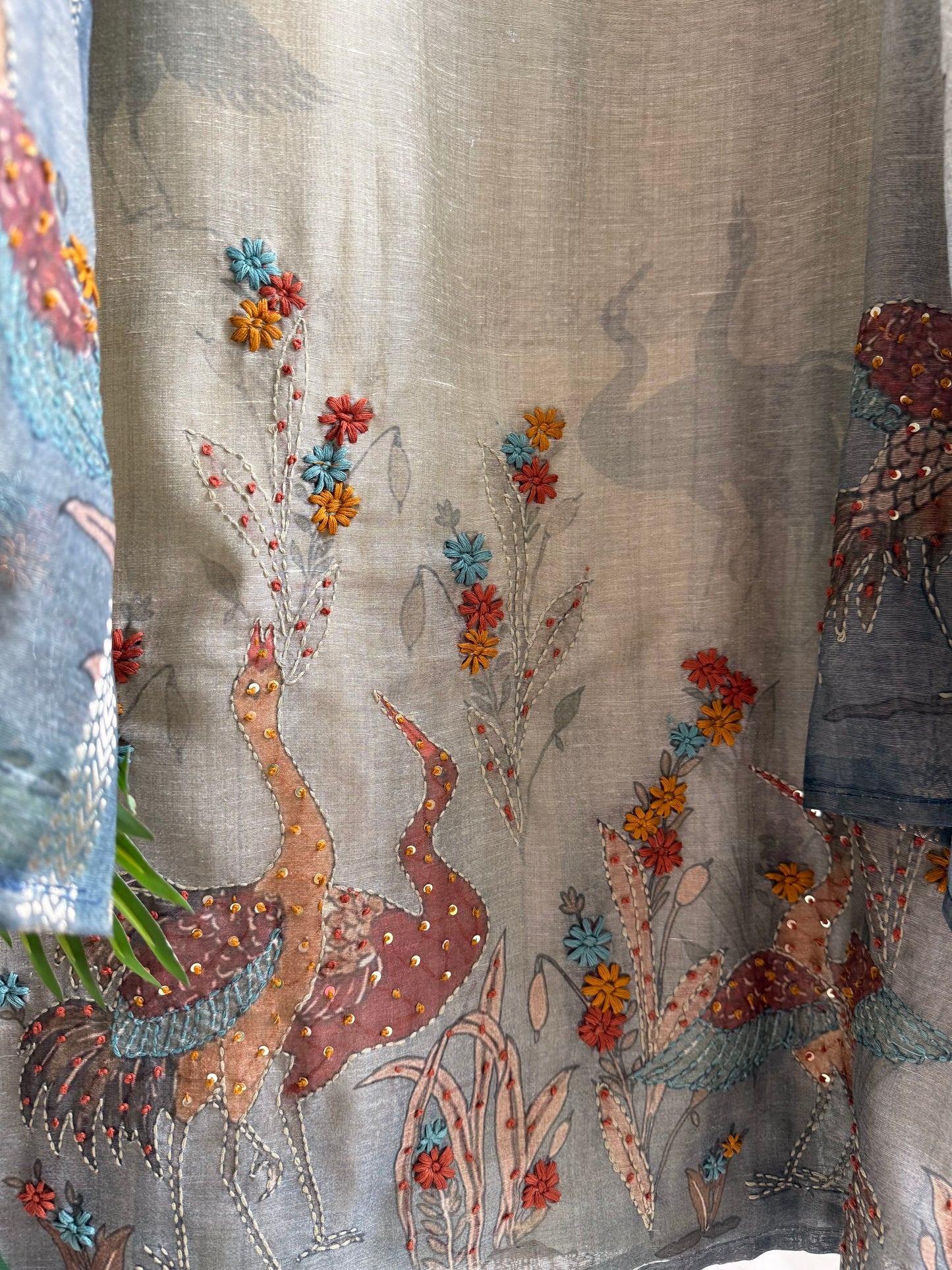 Pure linen birds frenchknot kantha work suit
