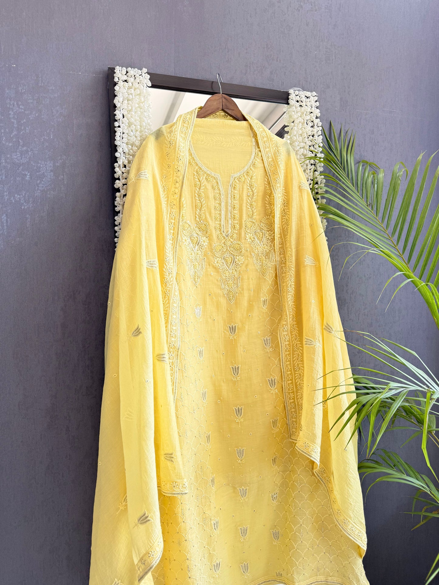 Luxurious Mul chanderi lucknowi tulip and hearts suit