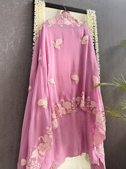 Organza appliqué work flamingos suit