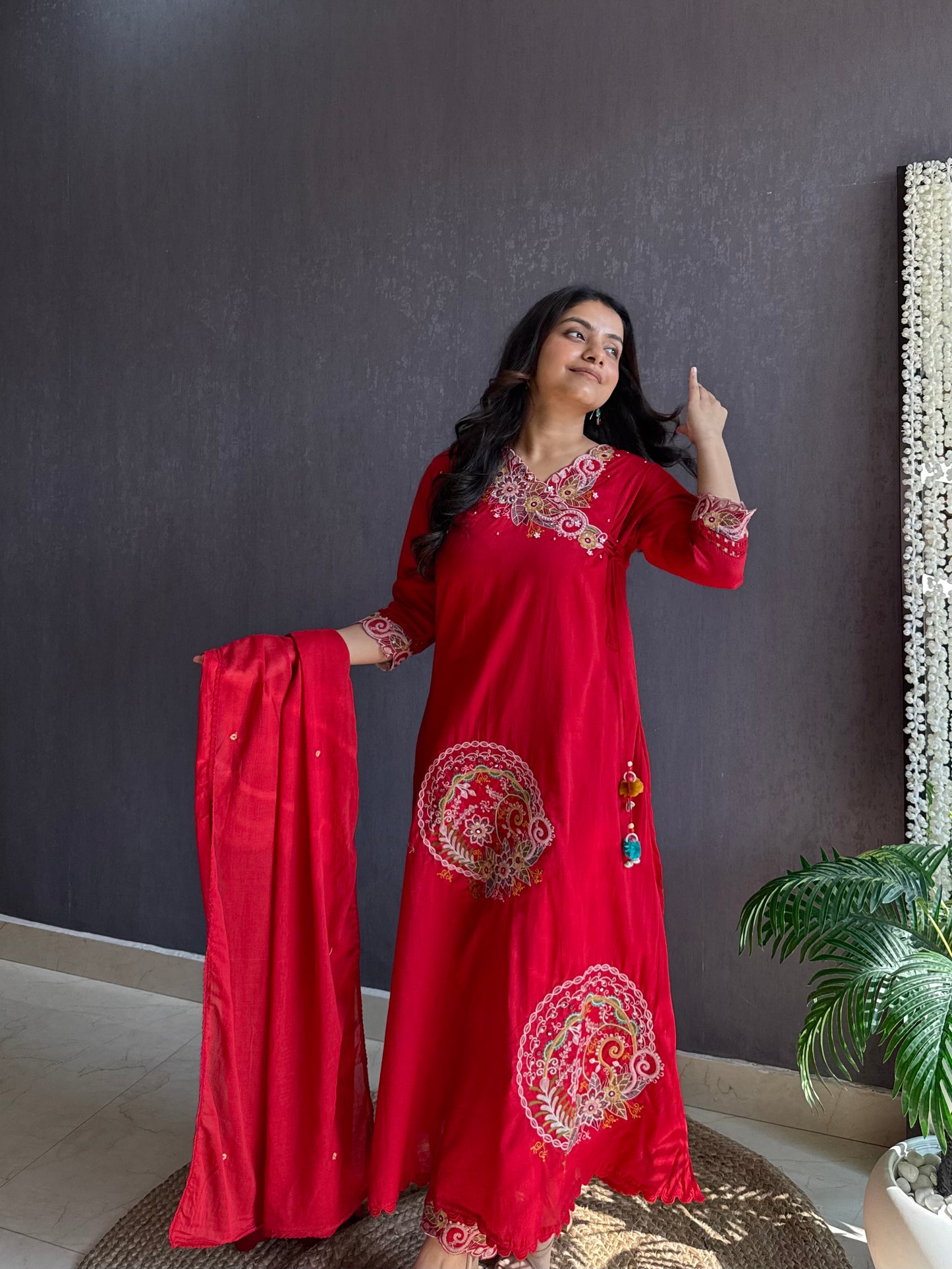 Premium mul cotton embroidered handwork Aline suit