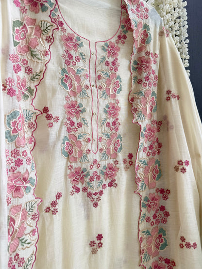 Luxurious Mul chanderi floral Threadwork suit
