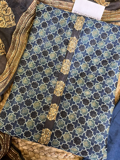 Maheshwari Kantha work Ajrakh Unstitched suit