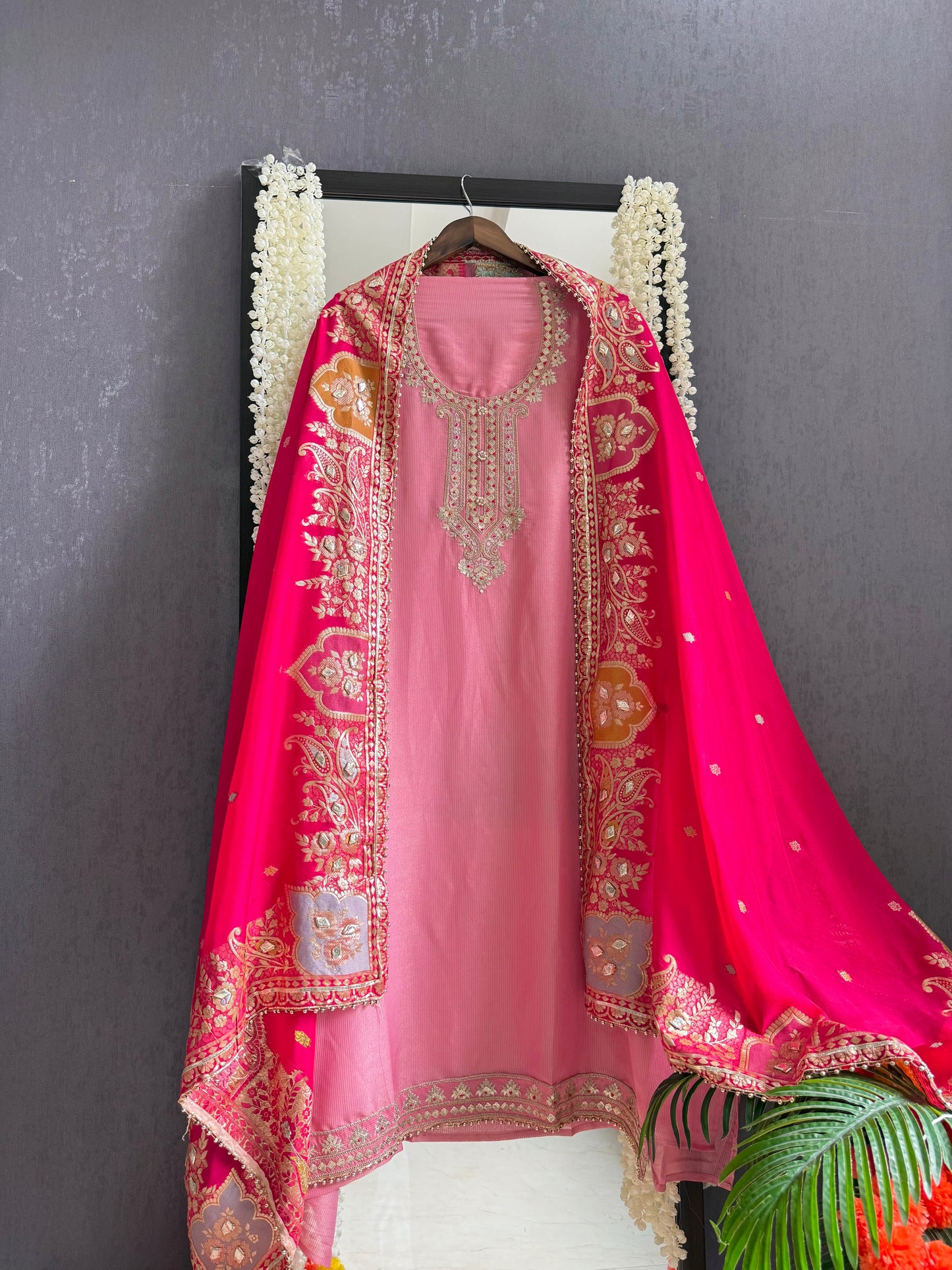 Tissue zari Aari work Meenakari suit