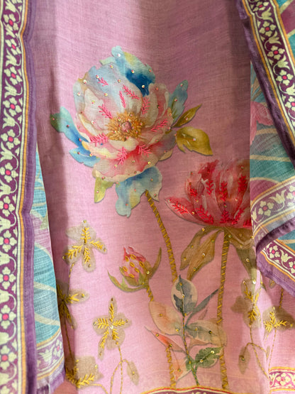 Pure linen lotus kantha work suit