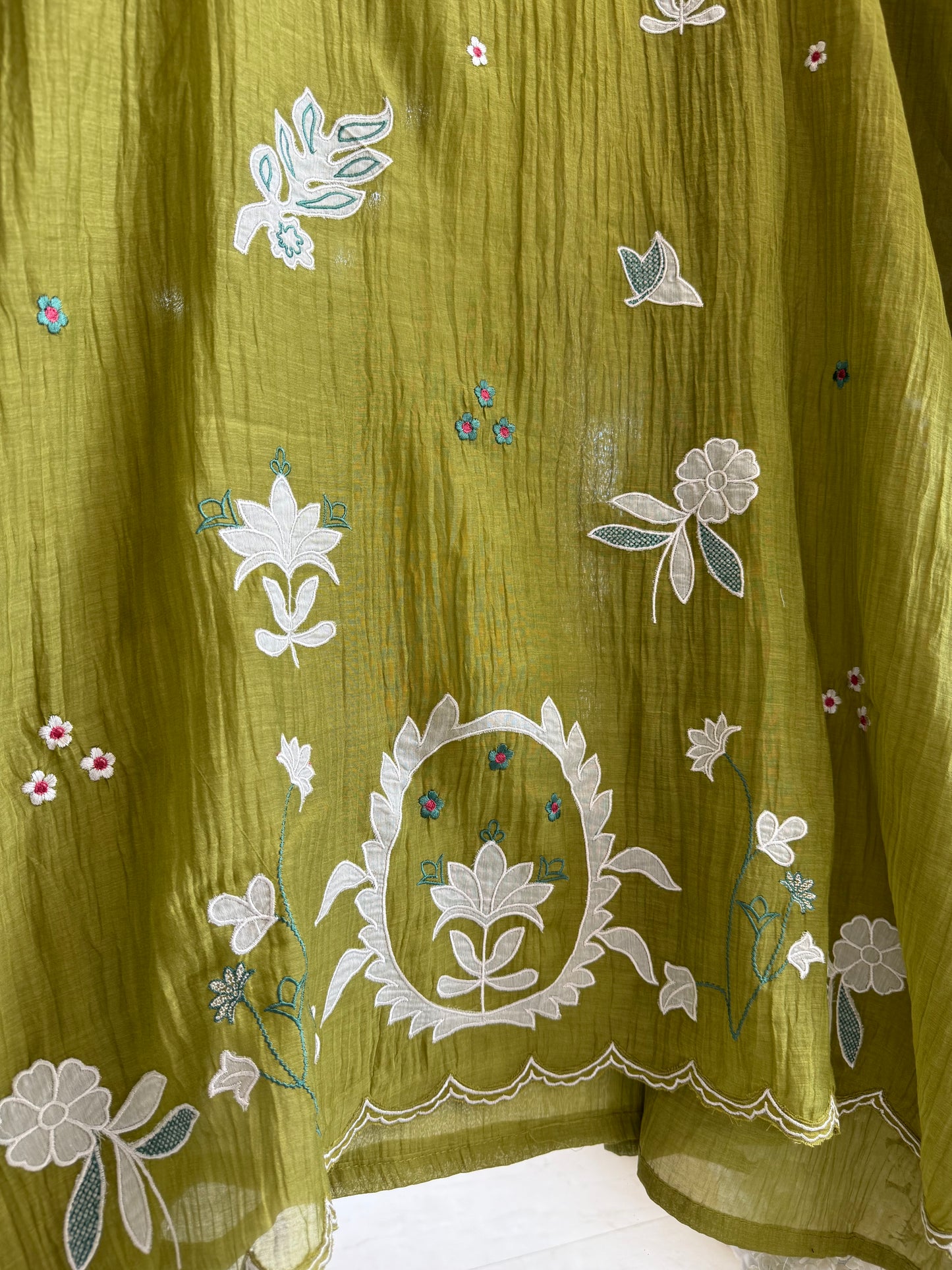 Luxurious Mul chanderi appliqué work suit