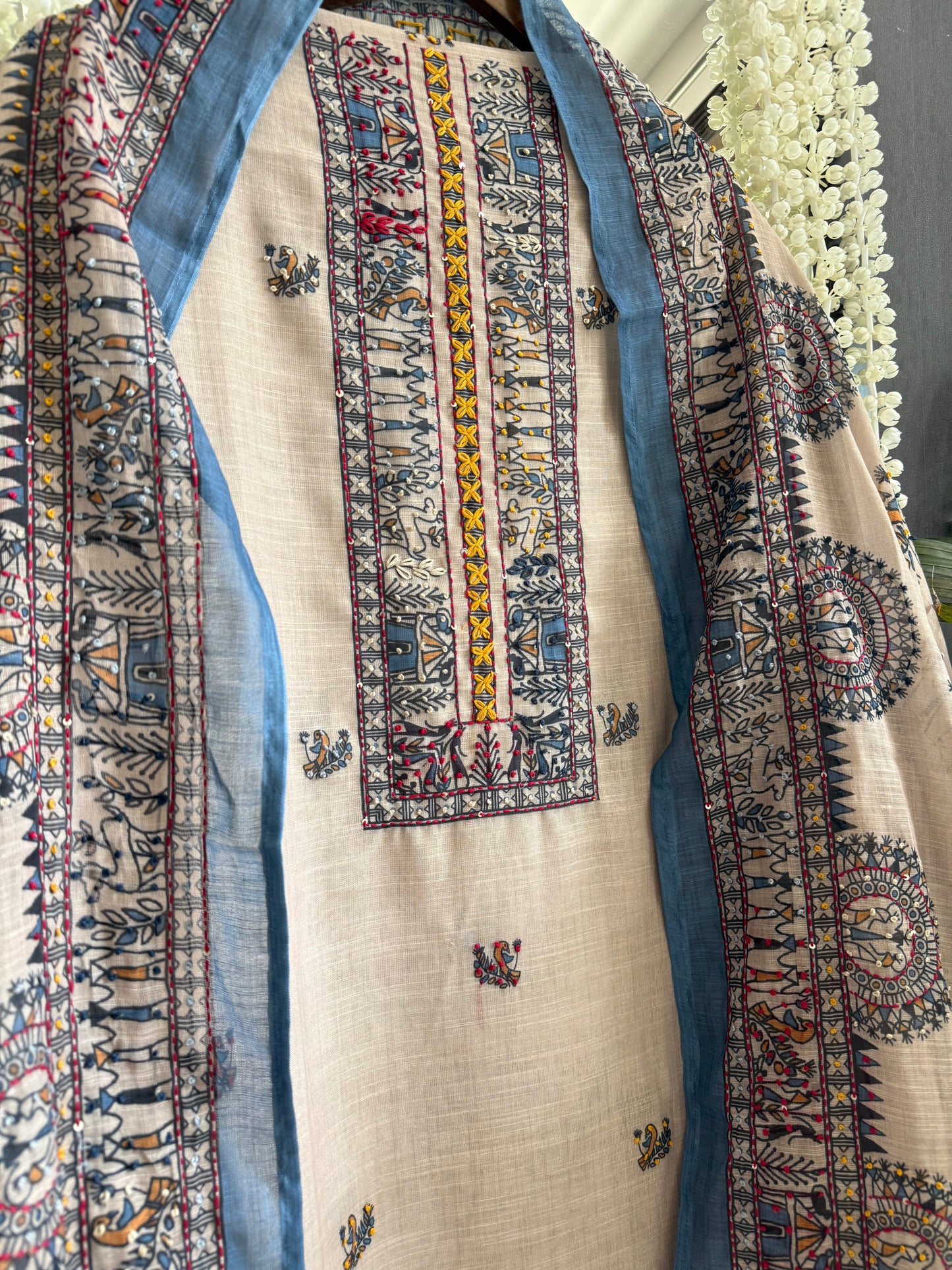 Linen worli art  Kantha work suit