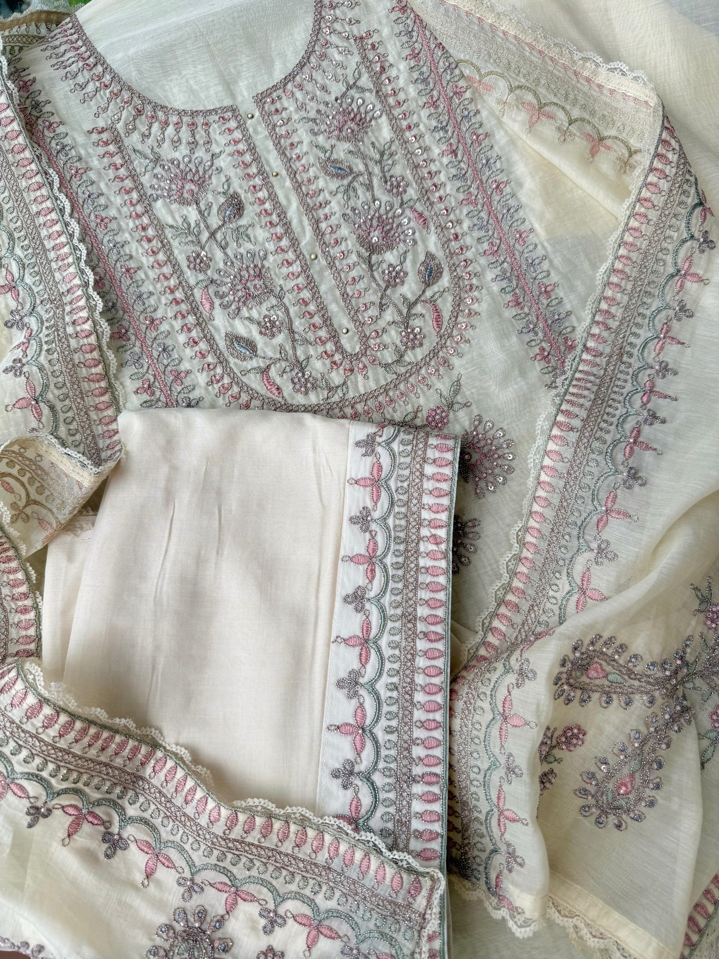 Luxurious Mul chanderi antique dori sitara suit