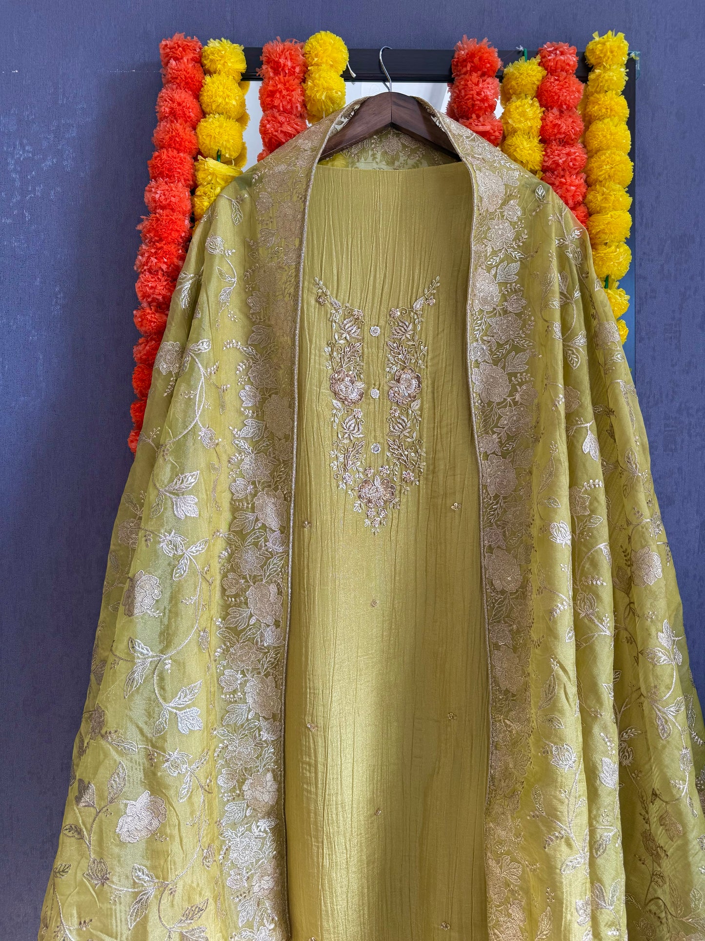 Luxurious crush tissue zardozi embroidered suit