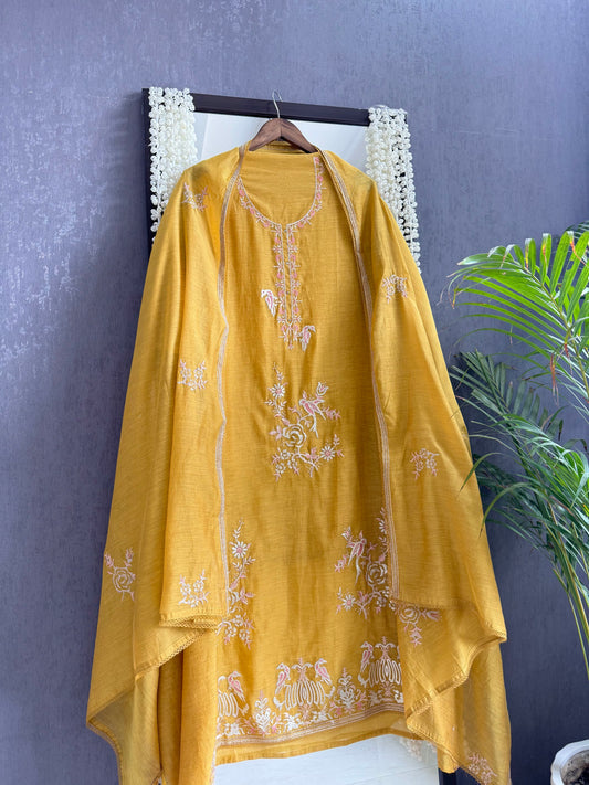 Luxurious Mul chanderi gota appliqué birds roses suit