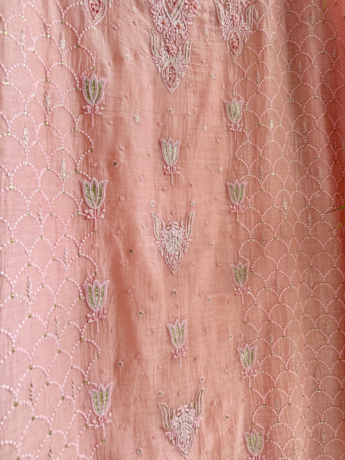 Luxurious Mul chanderi lucknowi tulip and hearts suit