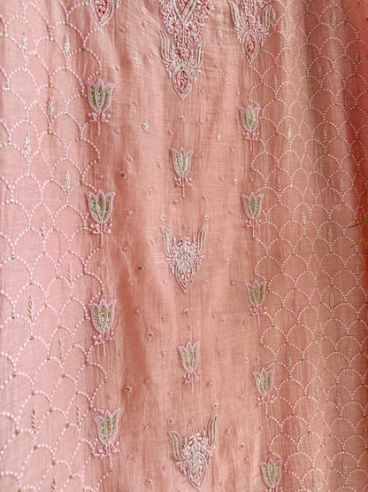 Luxurious Mul chanderi lucknowi tulip and hearts suit