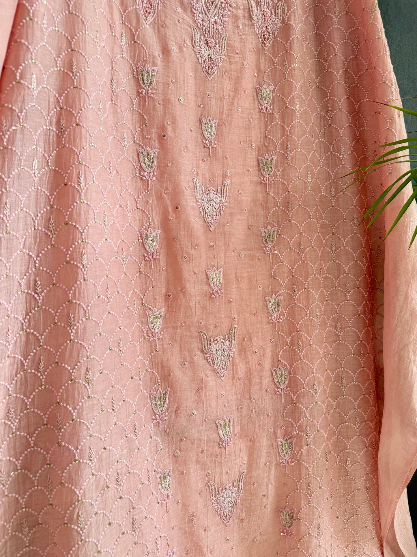 Luxurious Mul chanderi lucknowi tulip and hearts suit
