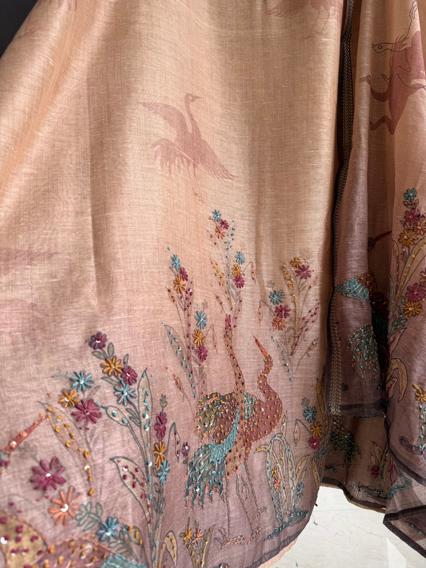 Pure linen birds frenchknot kantha work suit