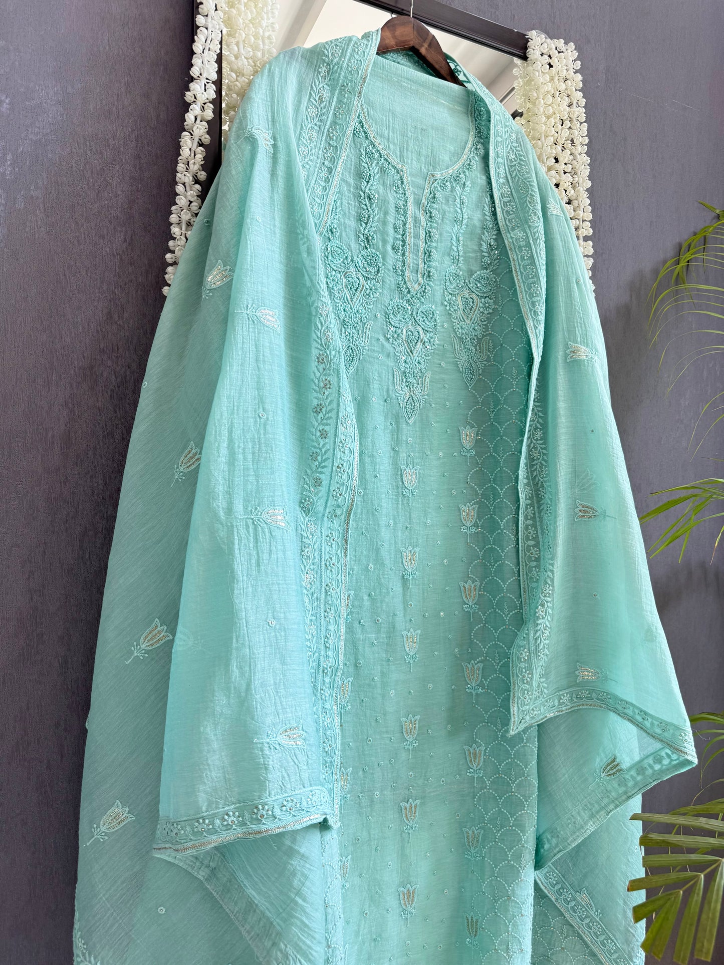 Luxurious Mul chanderi lucknowi lotus and hearts suit