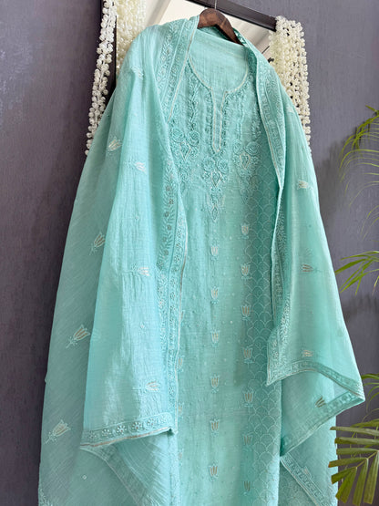 Luxurious Mul chanderi lucknowi lotus and hearts suit