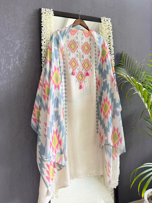 Muslin ikkat inspired handwork suits